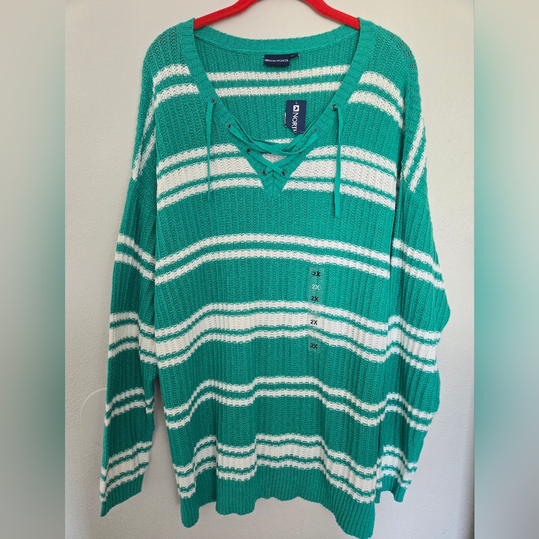 Northcrest Womens Green And White Striped Long Sleeve Sweater Size 2xl